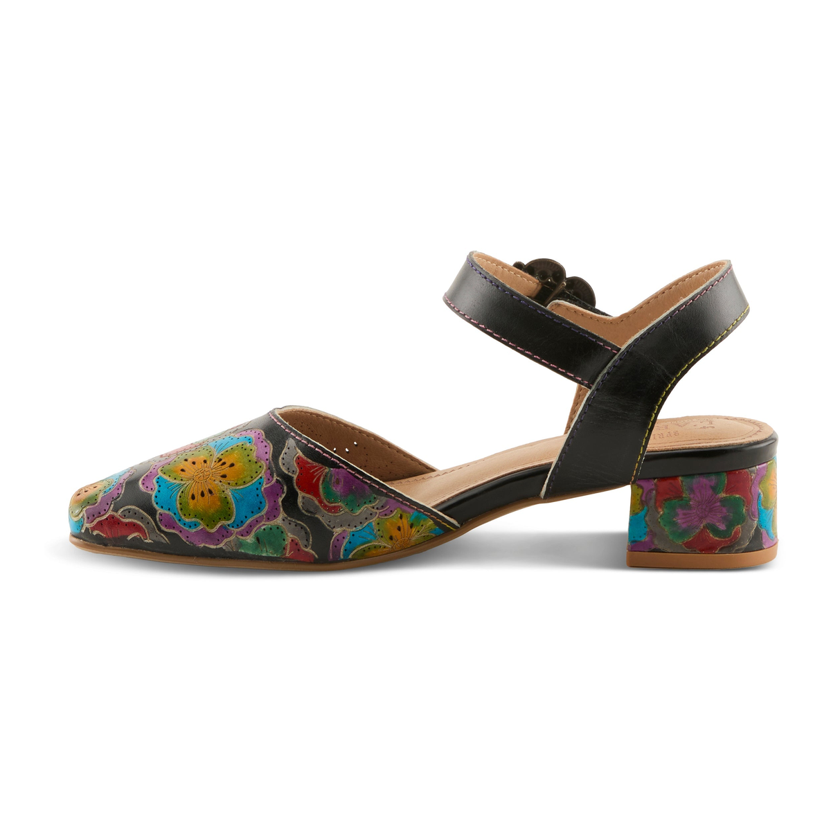 L'Artiste Funferbiz floral Mary Jane heel in Black Multi, left-facing side profile view