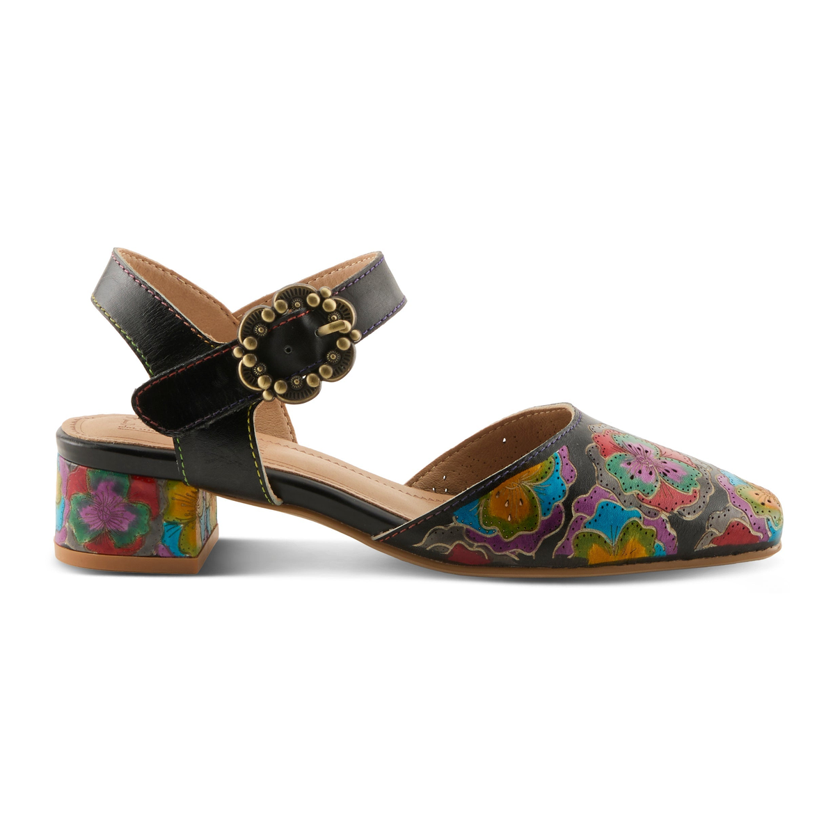 L'Artiste Funferbiz floral Mary Jane heel in Black Multi, right-facing side profile view