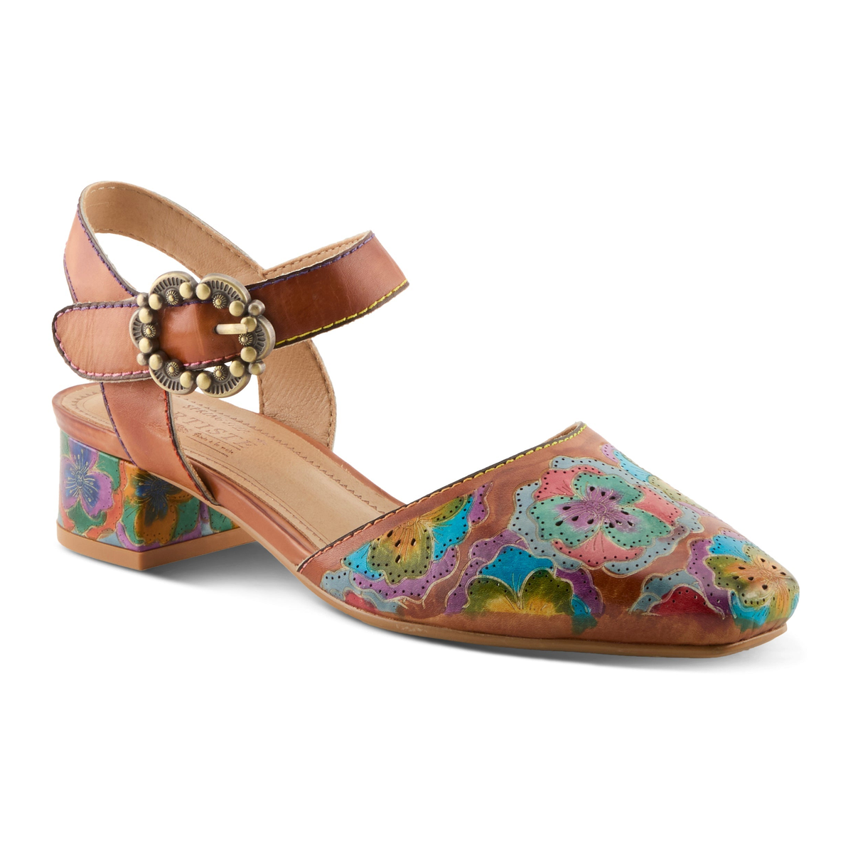 L'Artiste Funferbiz floral Mary Jane heel in Camel Multi, front three-quarter view