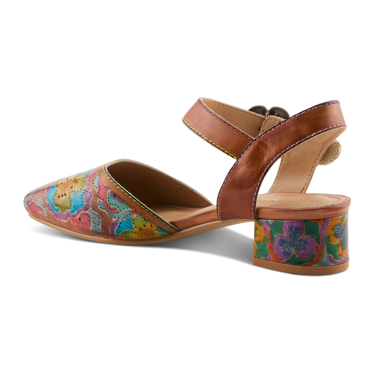 L'Artiste Funferbiz floral Mary Jane heel in Camel Multi, rear three-quarter view