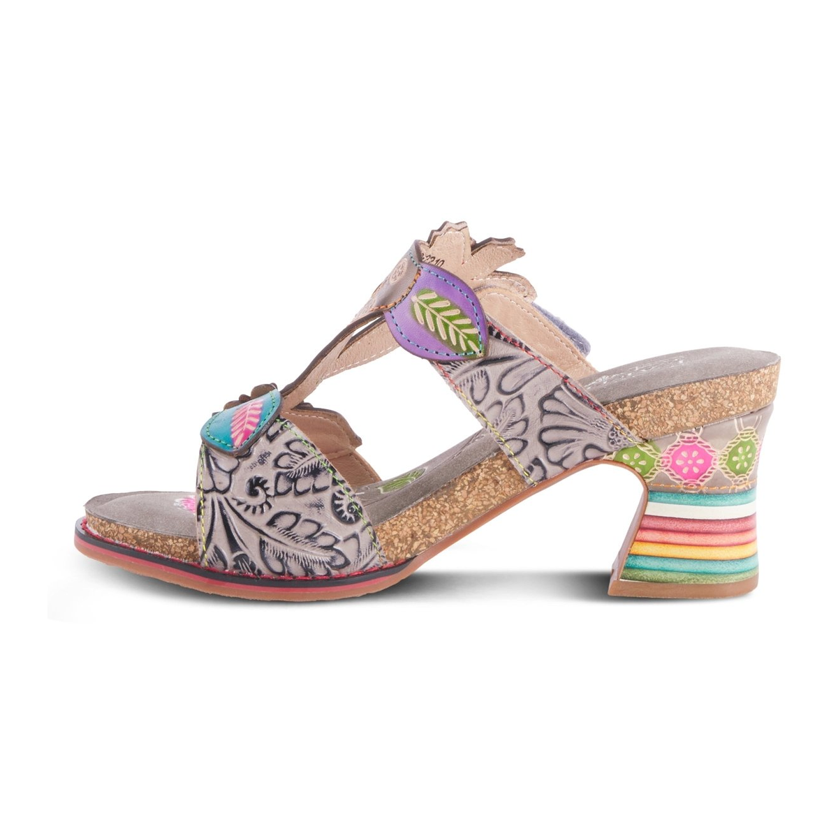 L'Artiste Rossie heeled sandal in Grey Multi, left-facing side profile view