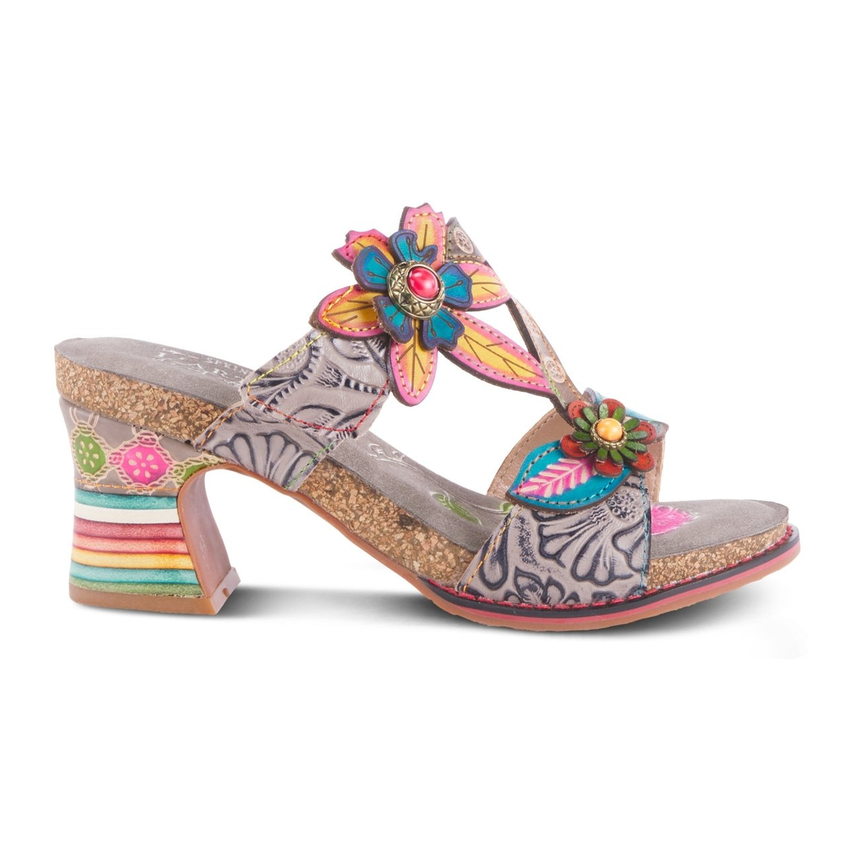 L'Artiste Rossie heeled sandal in Grey Multi, right-facing side profile view