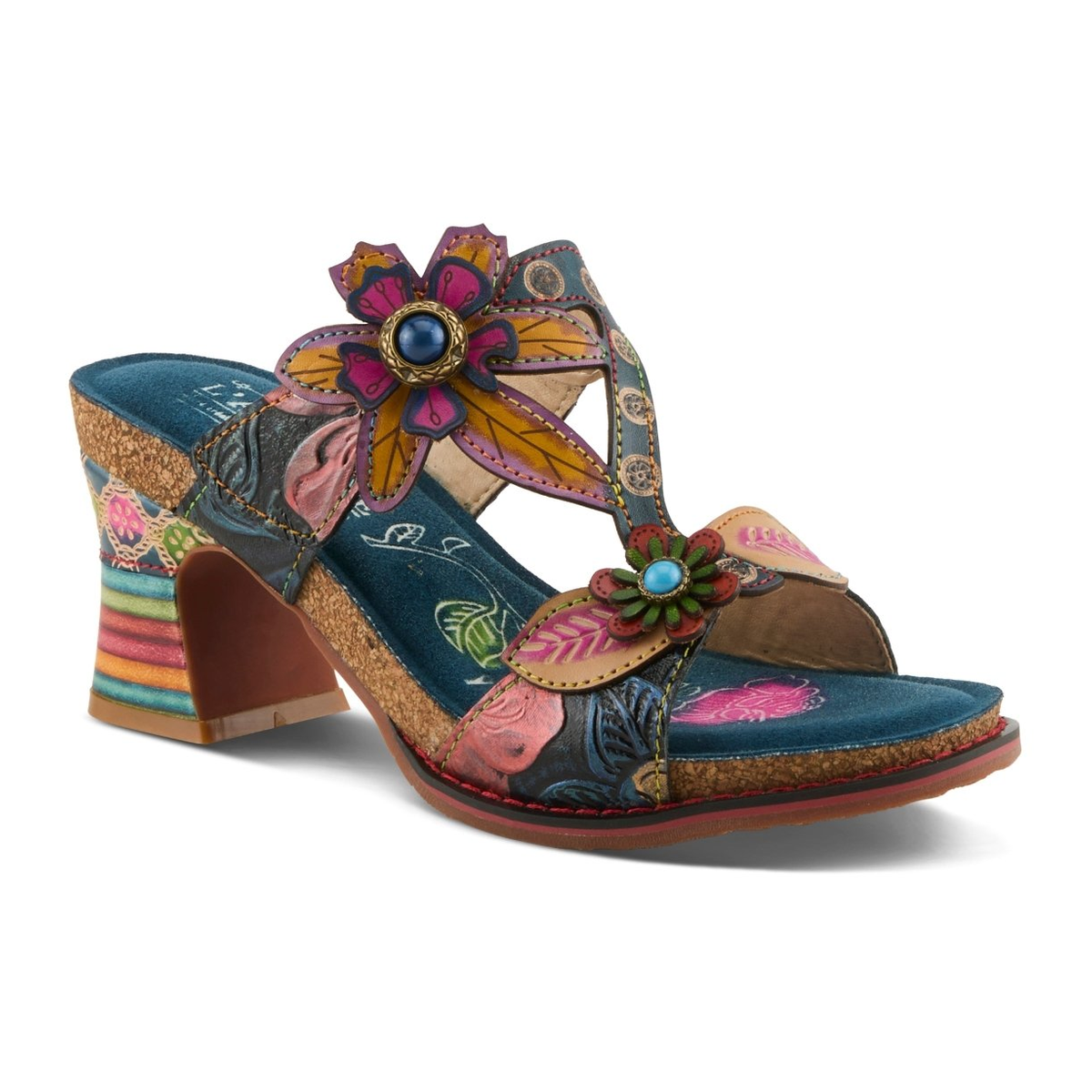 L'Artiste Rossie heeled sandal in Navy Multi, front three-quarter view