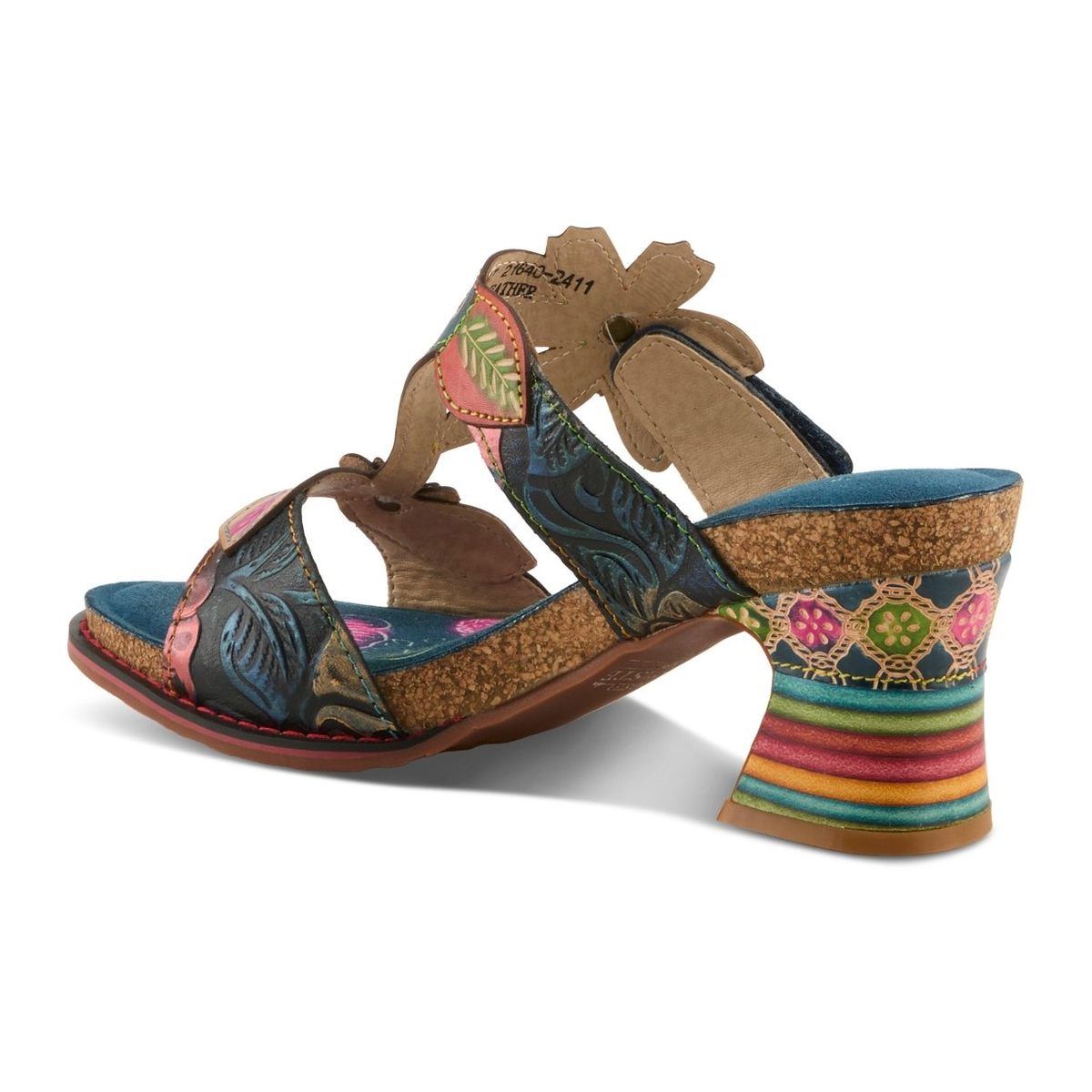 L'Artiste Rossie heeled sandal in Navy Multi, rear three-quarter view