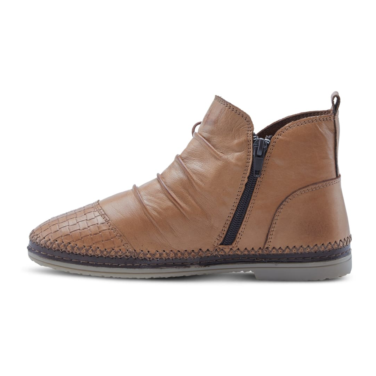 Spring Step Pomeroy women's camel leather ankle boot, inner zipper side profile, toe left view