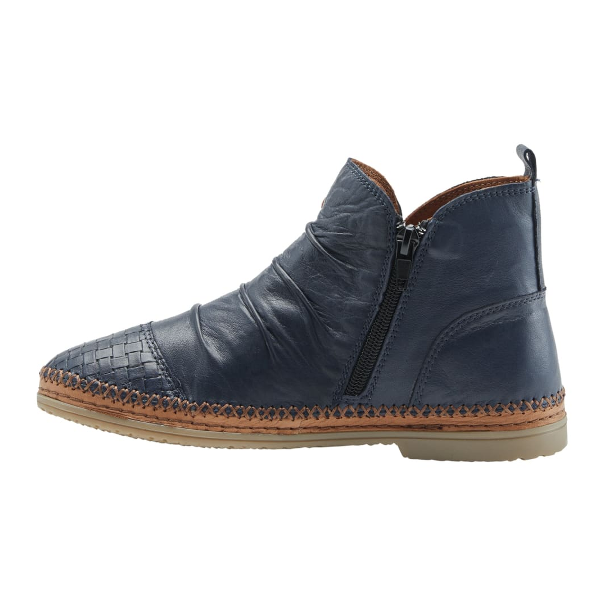 Spring Step Pomeroy women's navy leather ankle boot, inner zipper side profile, toe left view