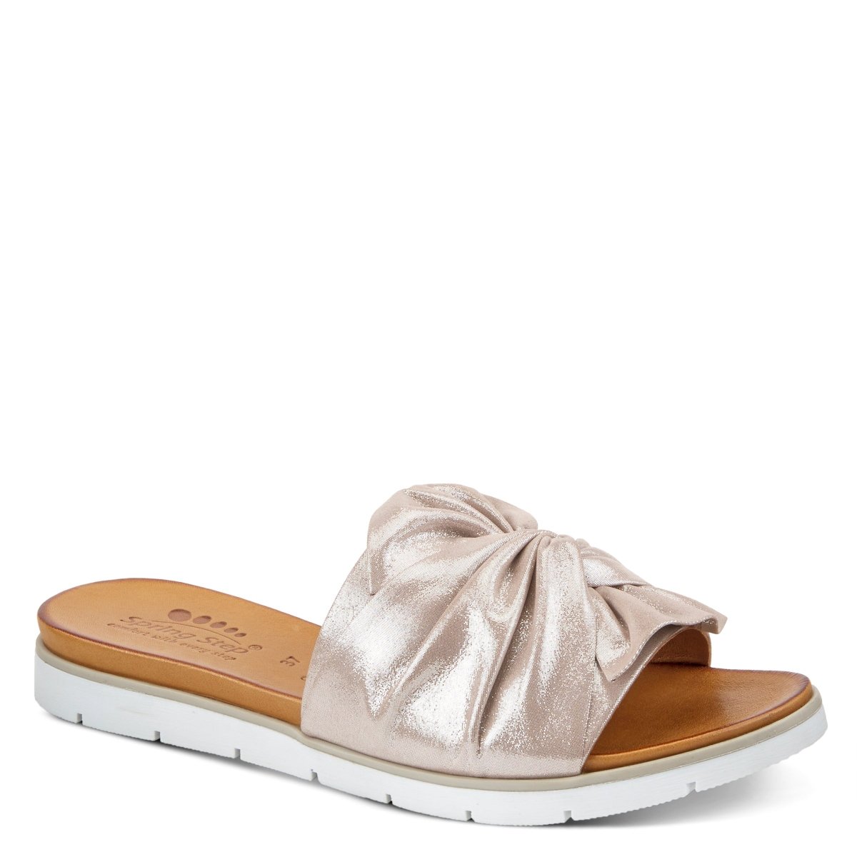 Spring Step Lavona Silver slide sandal, front three-quarter view