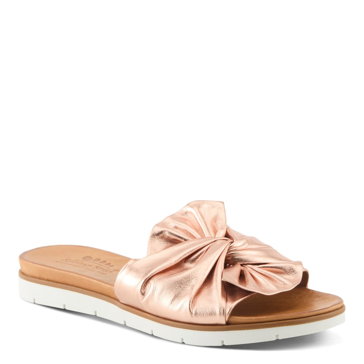 Spring Step Lavona Rose Gold slide sandal, front three-quarter view