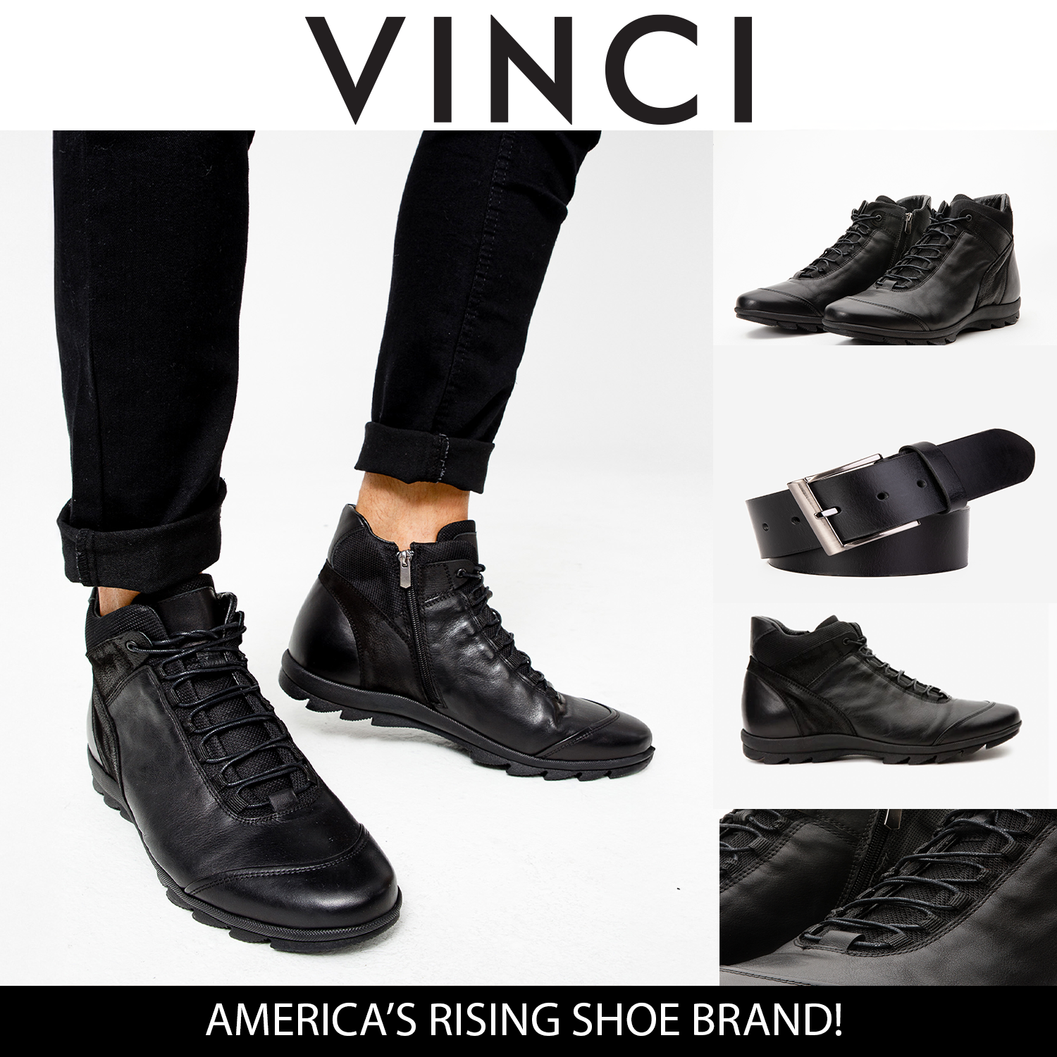 The Houston Leather Black Lace-Up Casual Men Boot with a Zipper