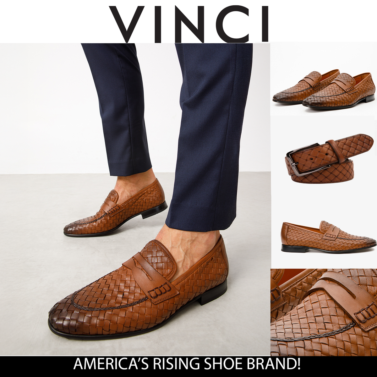 Vinci Leather The Grand Woven Leather Tan Men Shoe Penny Loafer – product view 2