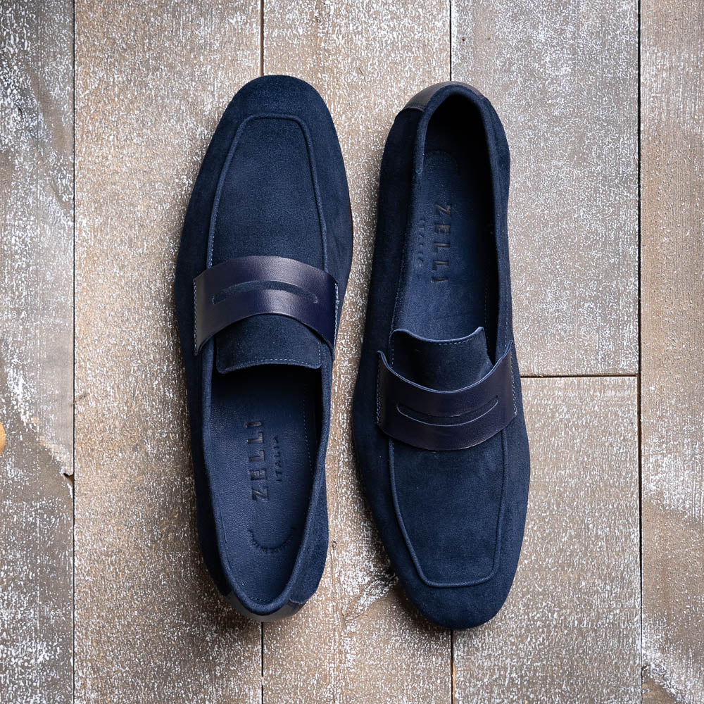 Zelli Italia Men's 16-672-NVY Tippa Suede & Calfskin Penny Loafers Navy