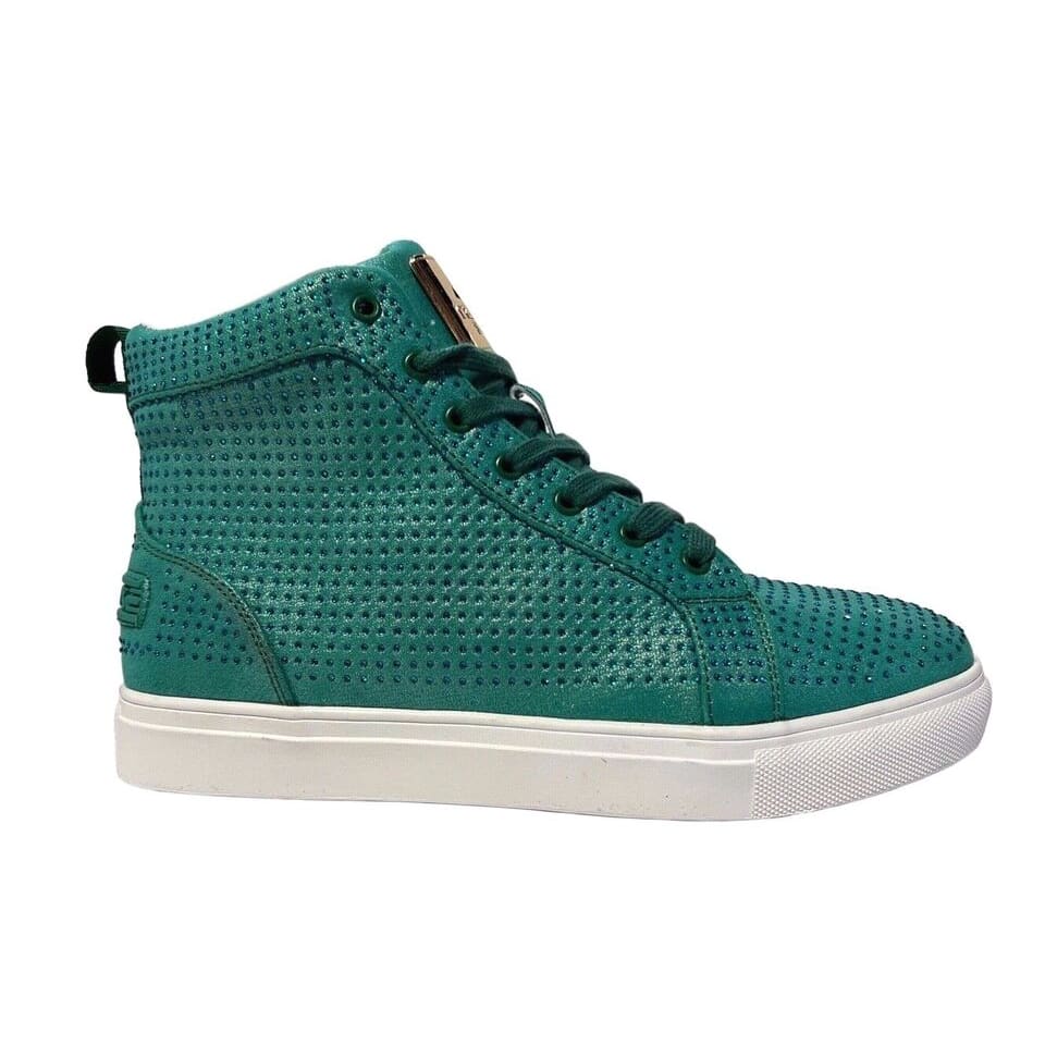 Travel Fox Men’s Green Rhinestone Nappa Leather High Top Sneakers 921027 – Luxury Streetwear Premium Comfort Limited Edition