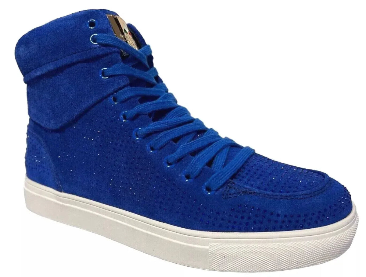 Travel Fox Men’s Royal Blue Rhinestone Suede High Top Sneakers – Luxury Italian Design, Limited Edition Streetwear 922005