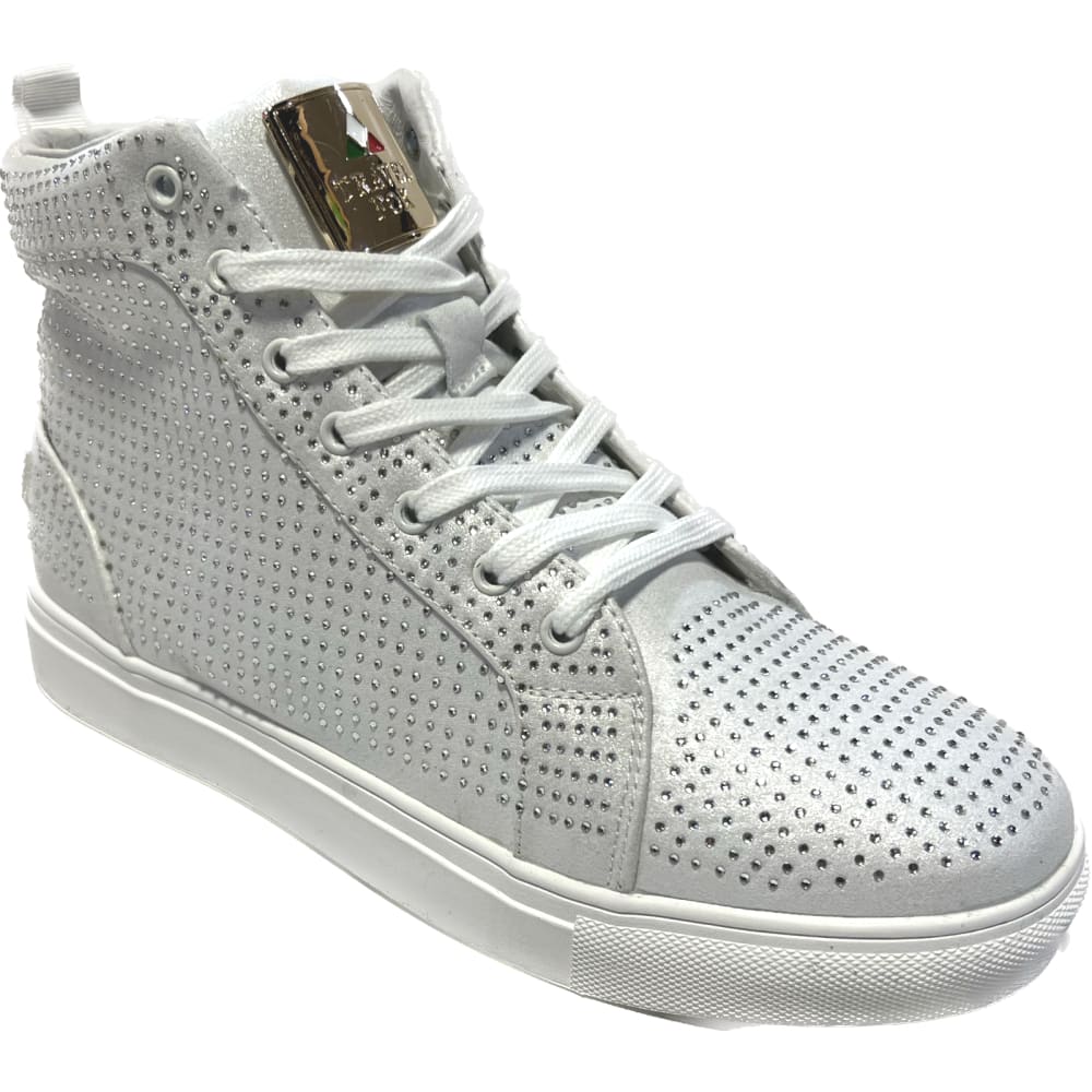 Travel Fox Men’s White & Silver Rhinestone Nappa Leather High Top Sneakers 921007 – Luxury Streetwear Premium Comfort Limited Edition
