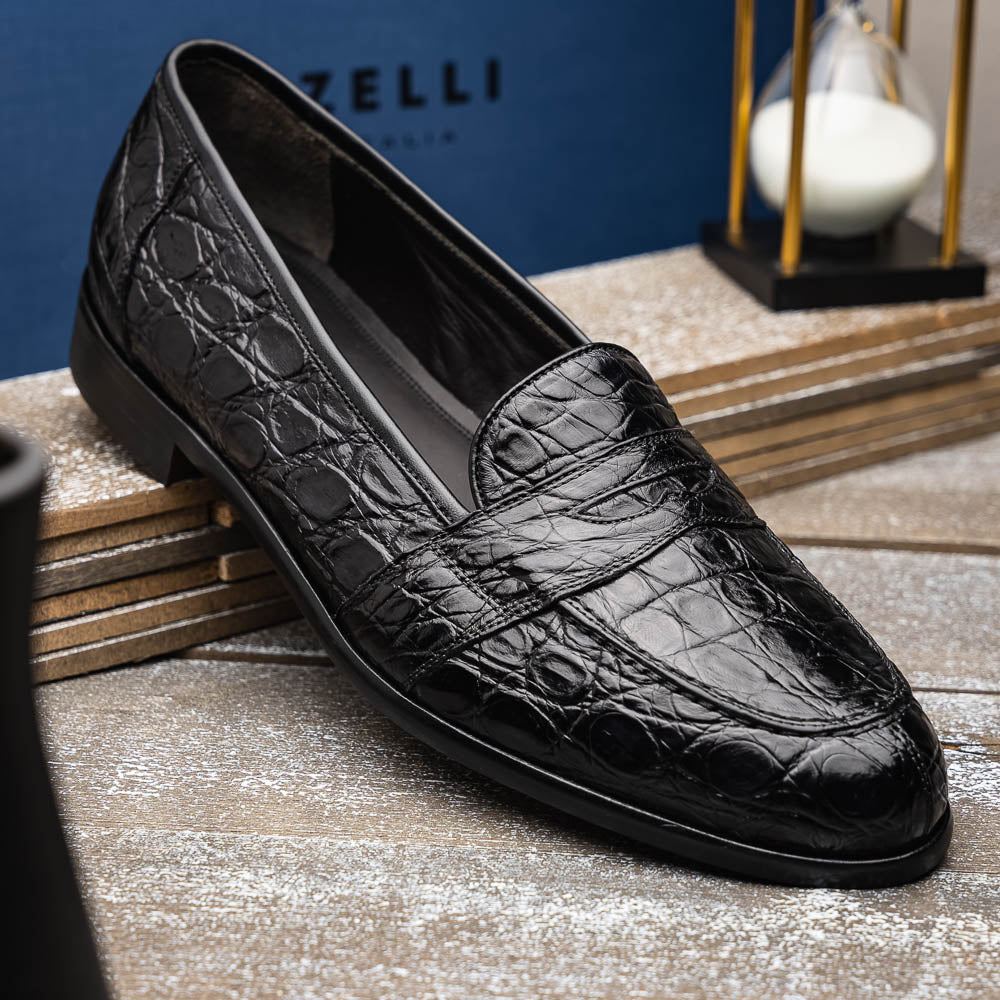 Zelli Italia 11-119-BKM (BLK) TUSCANY Crocodile Penny Loafer, Black View 15