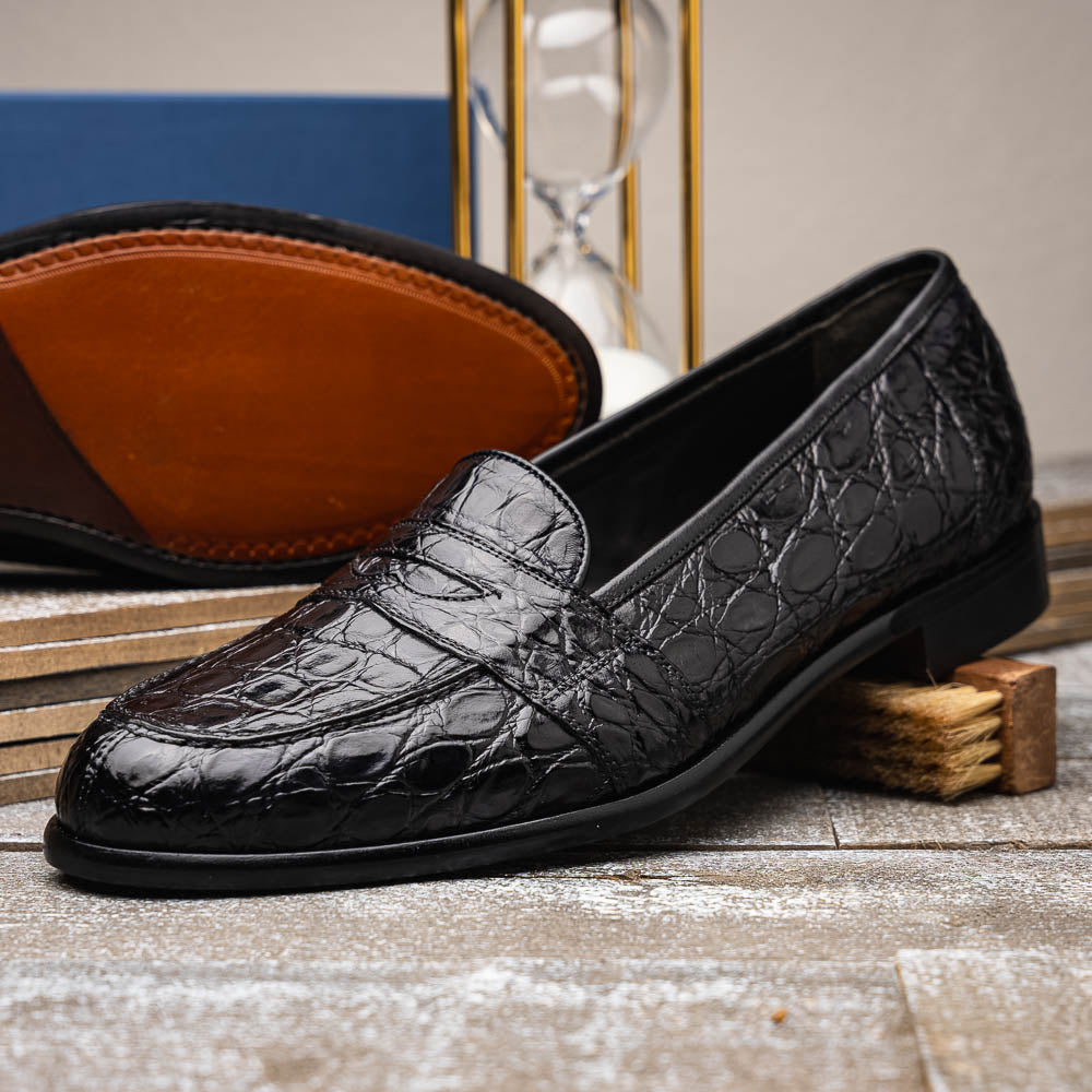 Zelli Italia 11-119-BKM (BLK) TUSCANY Crocodile Penny Loafer, Black View 16