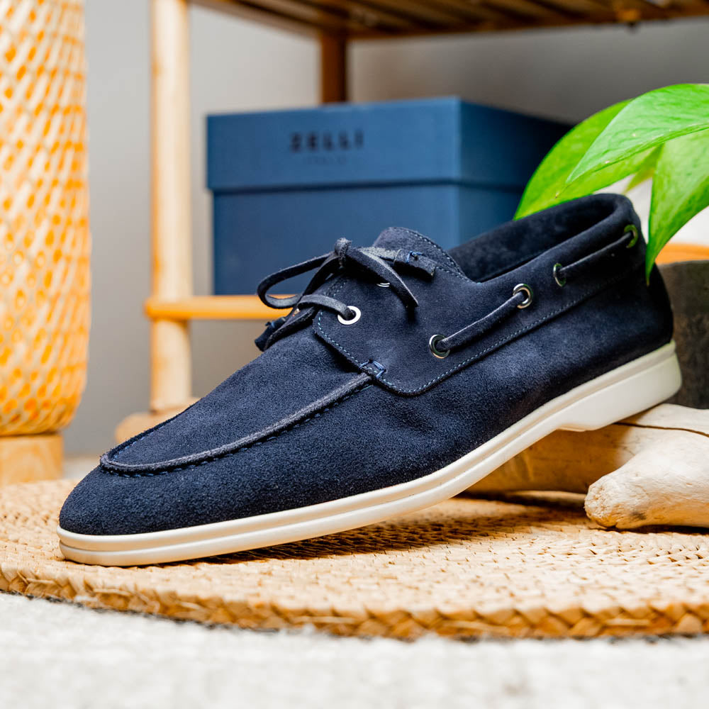 Zelli Italia Men's 16-675-NVY VENICE Italian Sueded Goatskin Boat Shoes, Navy