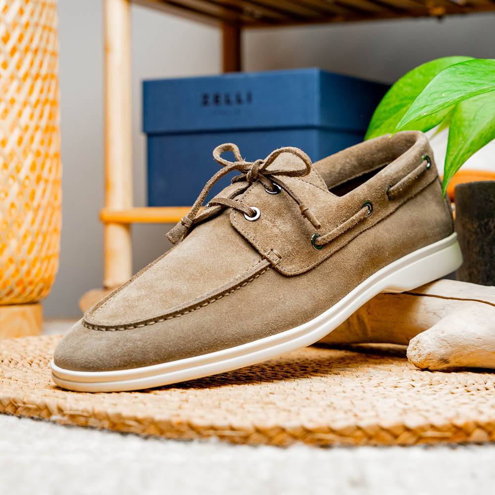 Zelli Italia Men's 16-675-TPE VENICE Italian Sueded Goatskin Boat Shoes, Taupe