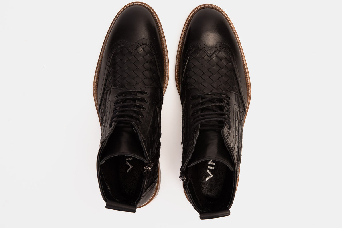 The Loddon Black Leather Wingtip Brogue Handwoven Lace-Up Men Boot with a Zipper