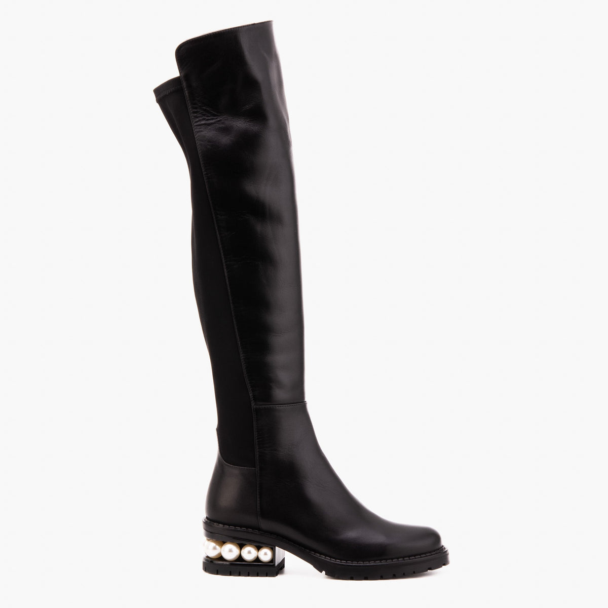 Vinci Leather The Valeria Pearl Heel Knee-High Women Black Leather Boot – product view 1