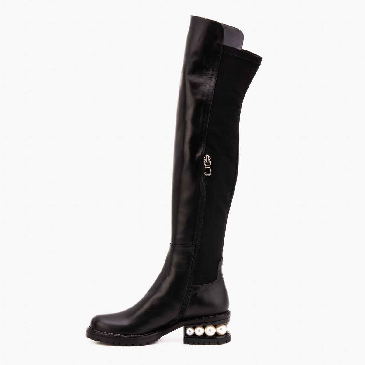 Vinci Leather The Valeria Pearl Heel Knee-High Women Black Leather Boot – product view 3