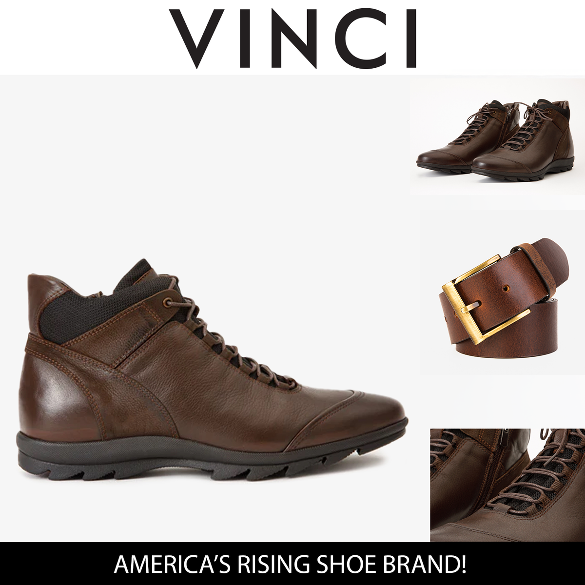 Vinci Leather The Houston Leather Brown Lace-Up Casual Men Boot with a Zipper – product view 3