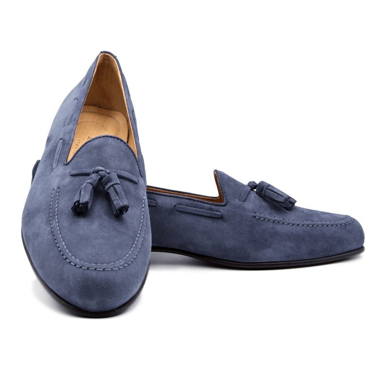BLU NAPLES Blue Kid Suede Tassel Loafer Shoes