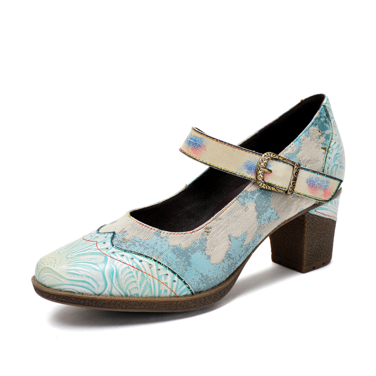 Lady's Heels Handmade Shoes Wedding Party Elegant Vintage Leather Buckle Light Blue Pumps – product view 7