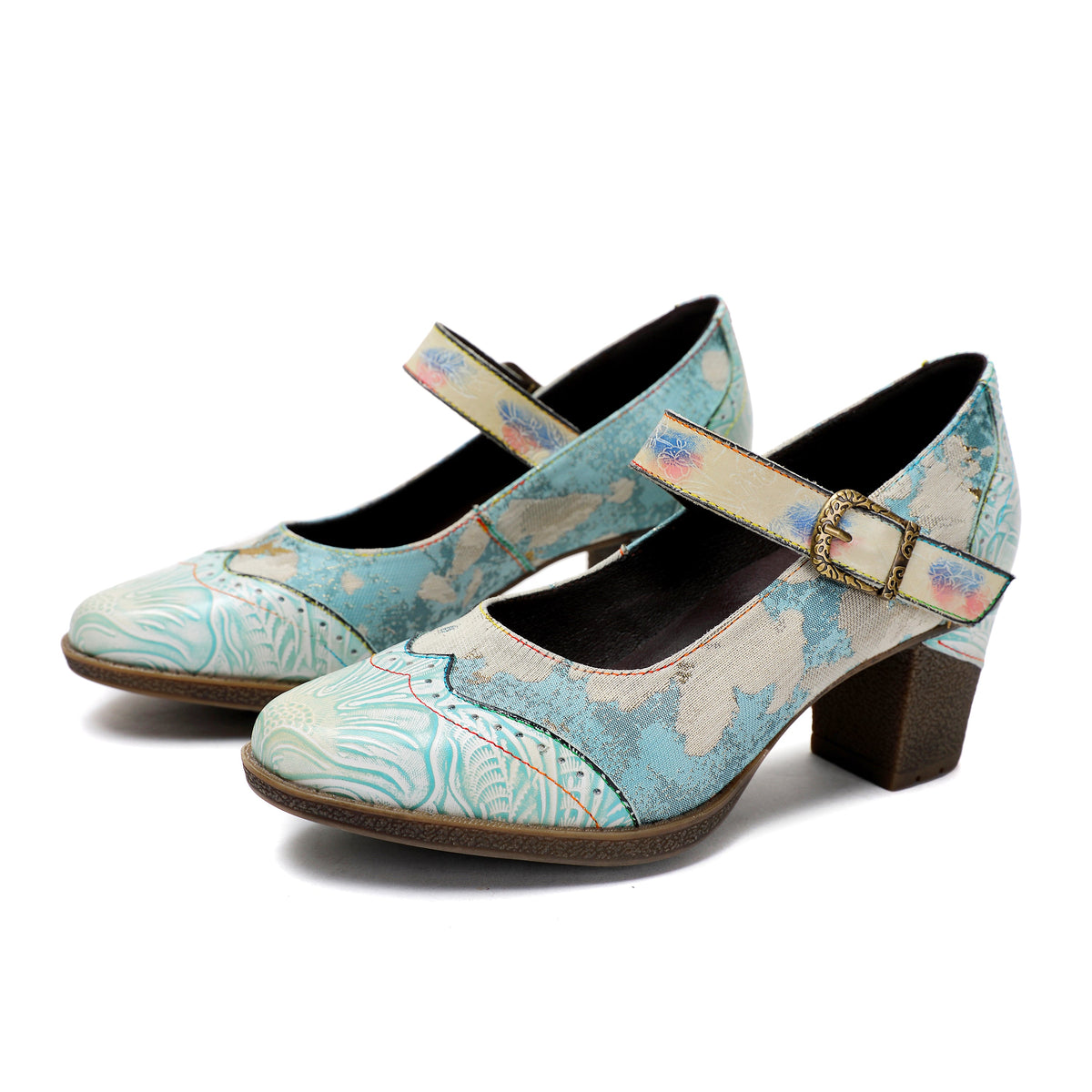Lady's Heels Handmade Shoes Wedding Party Elegant Vintage Leather Buckle Light Blue Pumps – product view 1