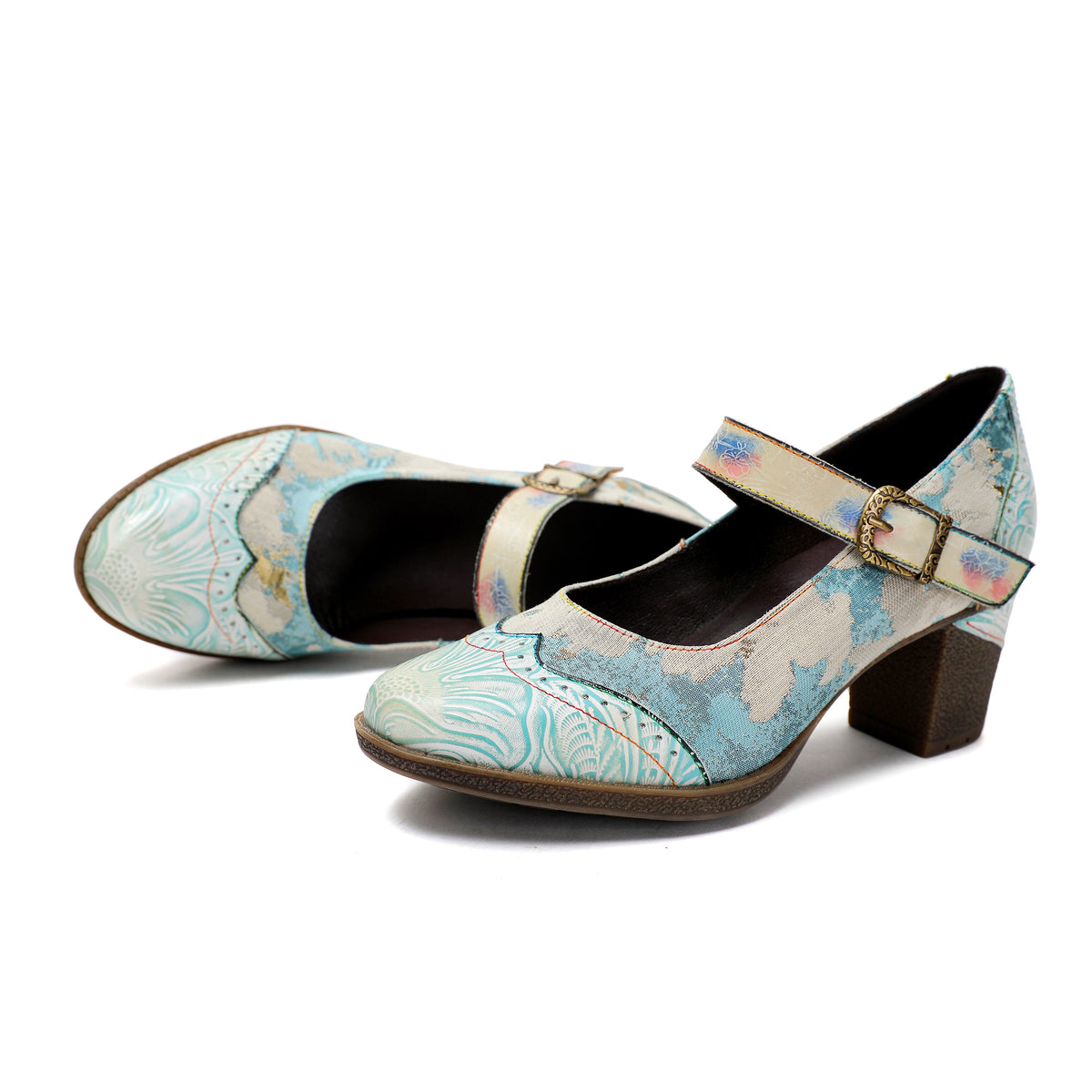 Lady's Heels Handmade Shoes Wedding Party Elegant Vintage Leather Buckle Light Blue Pumps – product view 3
