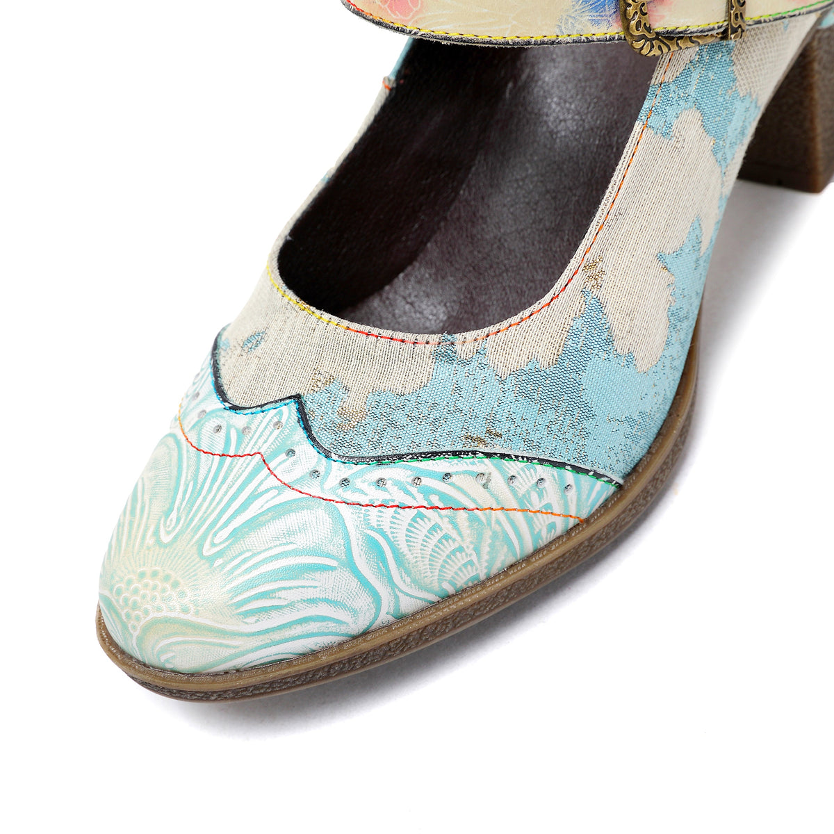 Lady's Heels Handmade Shoes Wedding Party Elegant Vintage Leather Buckle Light Blue Pumps – product view 10