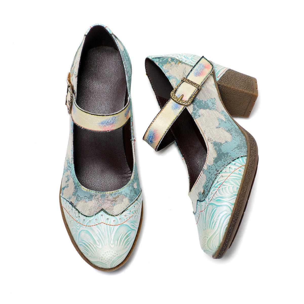 Lady's Heels Handmade Shoes Wedding Party Elegant Vintage Leather Buckle Light Blue Pumps – product view 5
