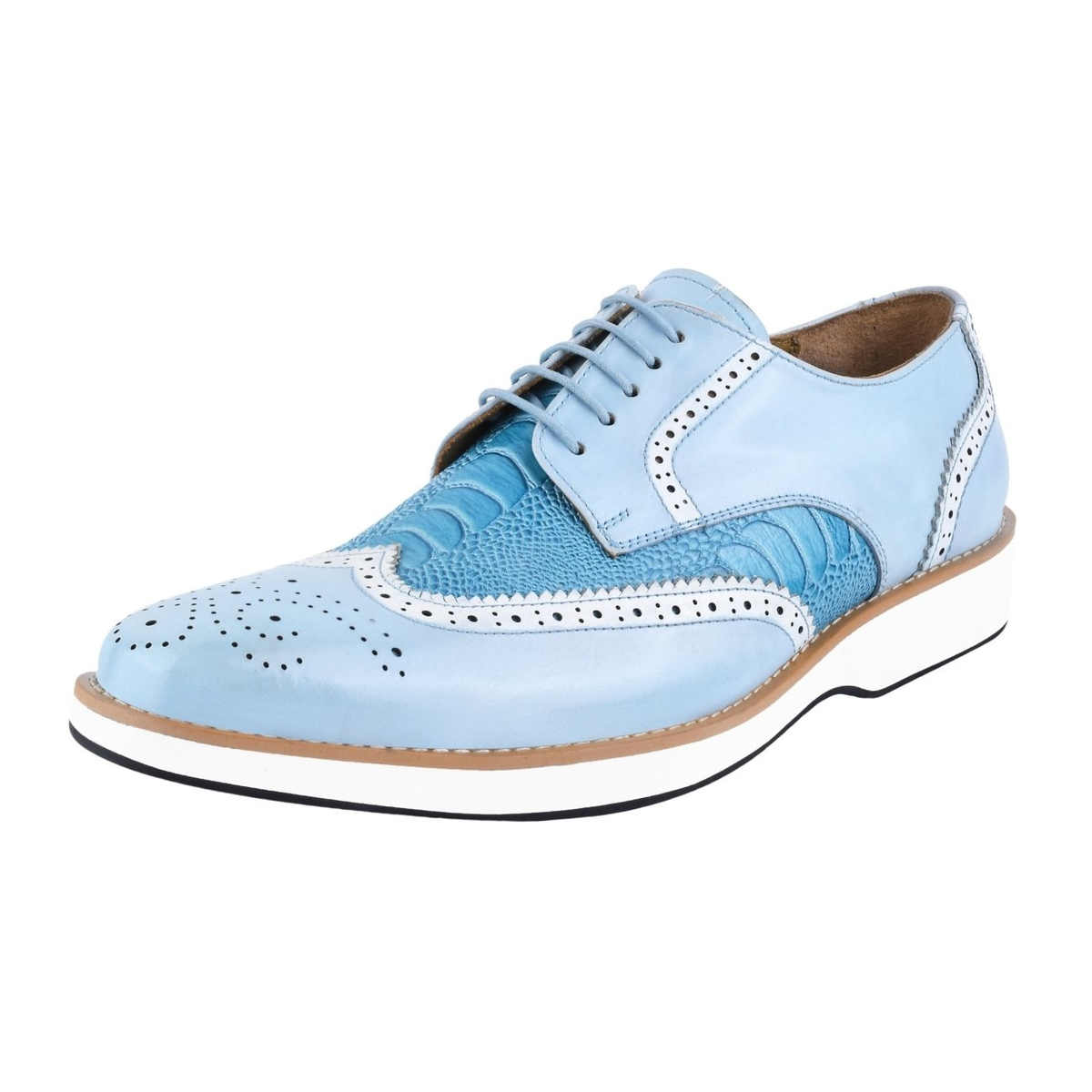 Liberty Zeno Roy men’s leather wingtip shoe in P.Blue (light blue), front three-quarter view, showing ostrich-leg print
