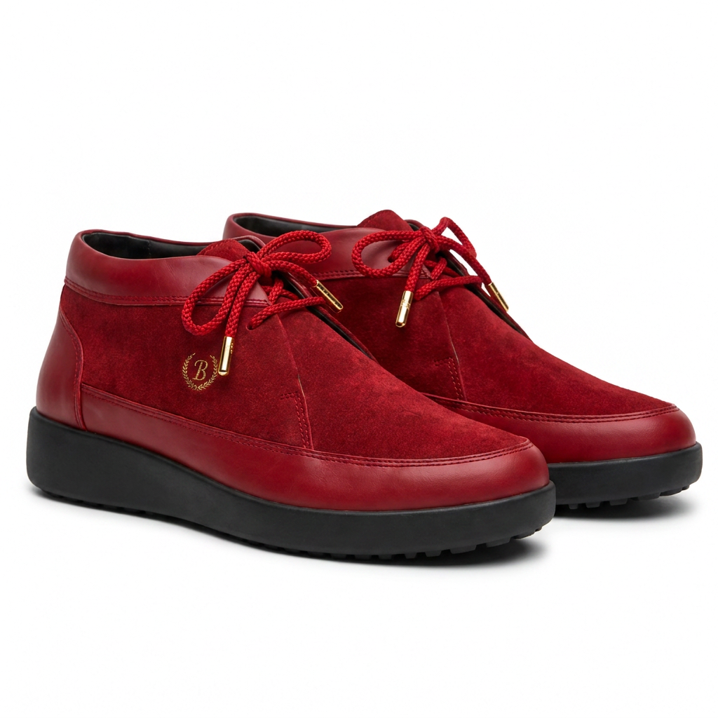Johnny Famous Bally Style Central Park Men's Red Suede and Leather High Top Sneakers with Black Sole
