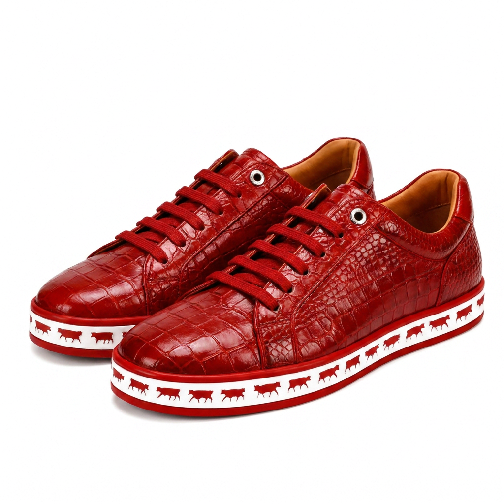 Johnny Famous Bally Style Animal Print Men's Crimson Red Gator Embossed Leather Low Top Sneakers