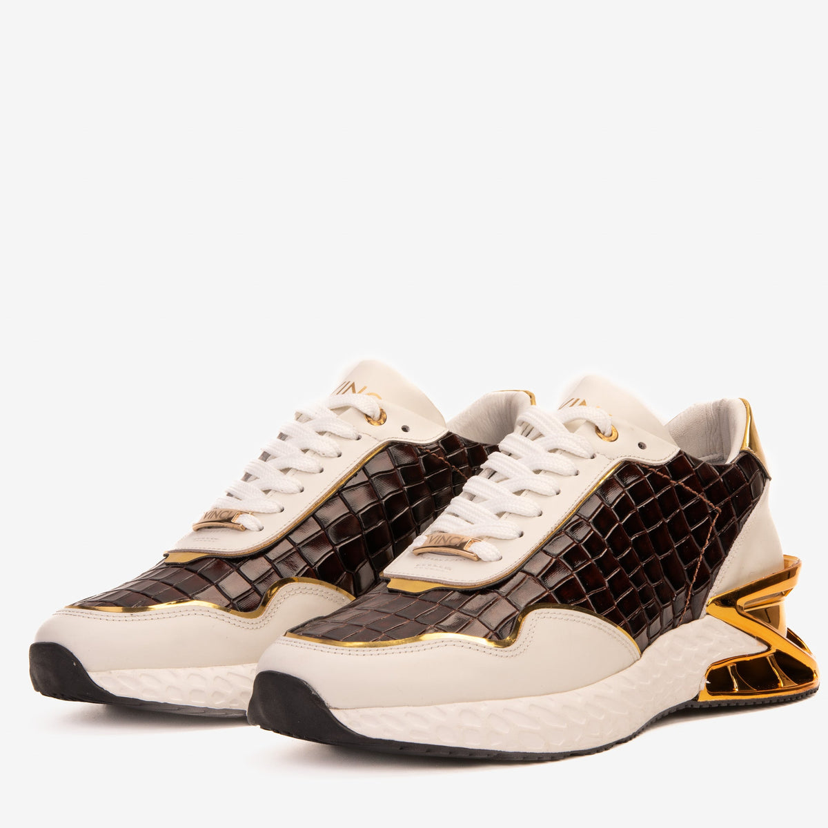 Vinci Leather The Bellagio White & Gold Leather Men Sneaker – product view 2