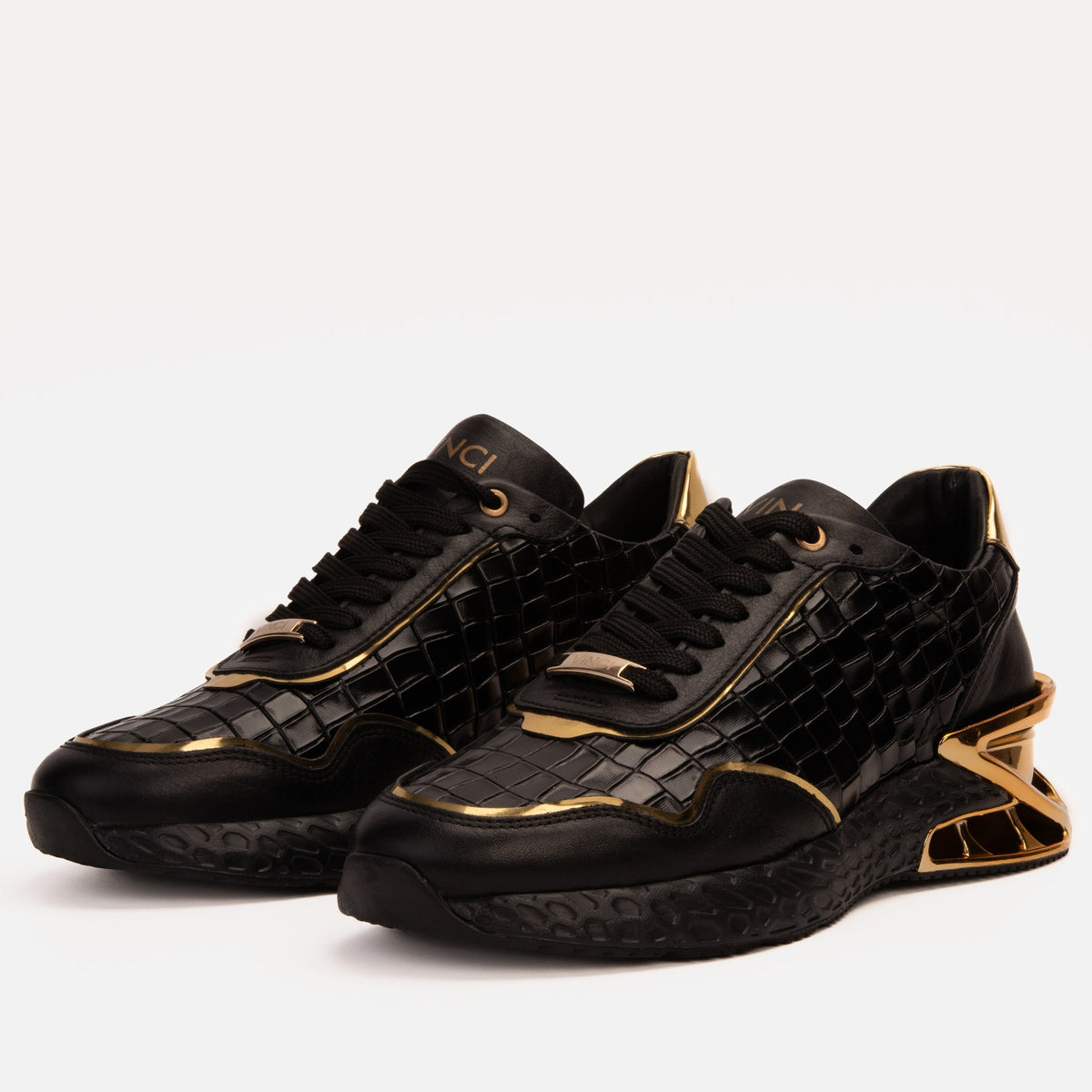 Vinci Leather The Bellagio Black & Gold Leather Men Sneaker – product view 3