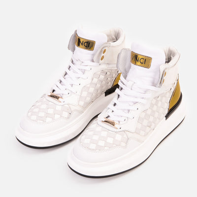 The Eugene White & Gold Woven Leather High-Top Men Sneaker
