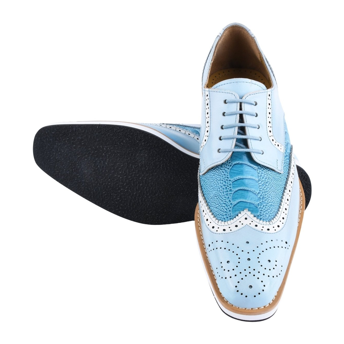 Liberty Zeno Roy men’s leather wingtip shoe in P.Blue (light blue), overhead view with a second shoe showing the outsole, showing ostrich-leg print