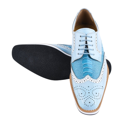 Liberty Zeno Roy men’s leather wingtip shoe in P.Blue (light blue), overhead view with a second shoe showing the outsole, showing ostrich-leg print