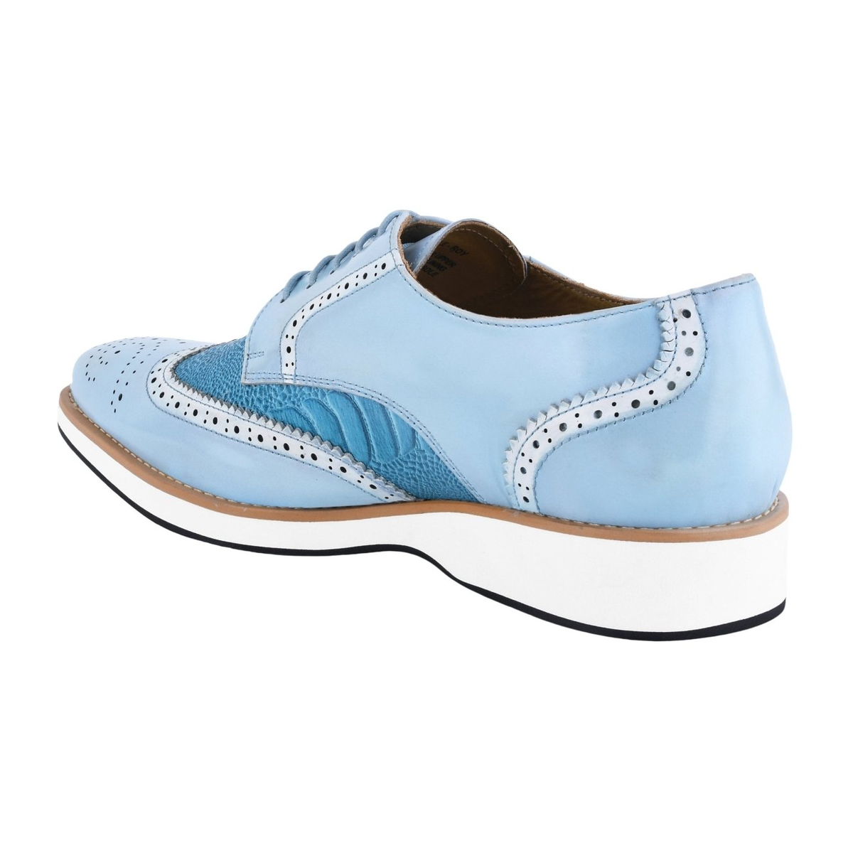 Liberty Zeno Roy men’s leather wingtip shoe in P.Blue (light blue), rear three-quarter view, showing ostrich-leg print