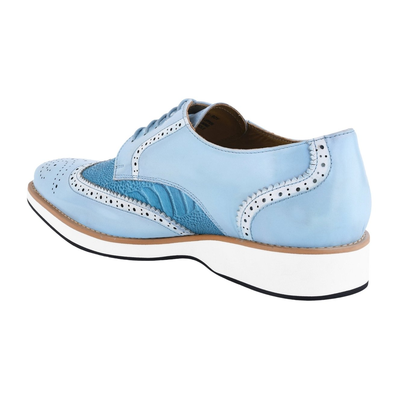 Liberty Zeno Roy men’s leather wingtip shoe in P.Blue (light blue), rear three-quarter view, showing ostrich-leg print