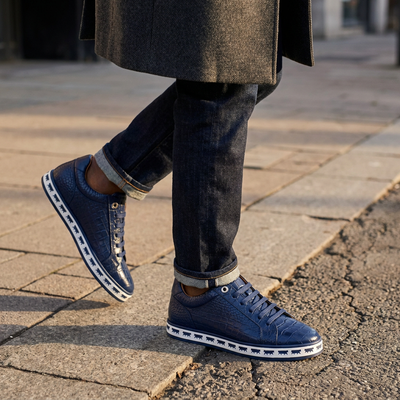 Johnny Famous Bally Style Animal Print Men's Navy Blue Gator Embossed Leather Low Top Sneakers