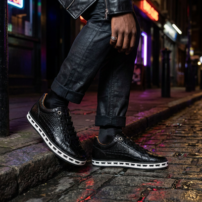 Johnny Famous Bally Style Animal Print Men's Onyx Black Gator Embossed Leather Low Top Sneakers