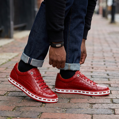 Johnny Famous Bally Style Animal Print Men's Crimson Red Gator Embossed Leather Low Top Sneakers