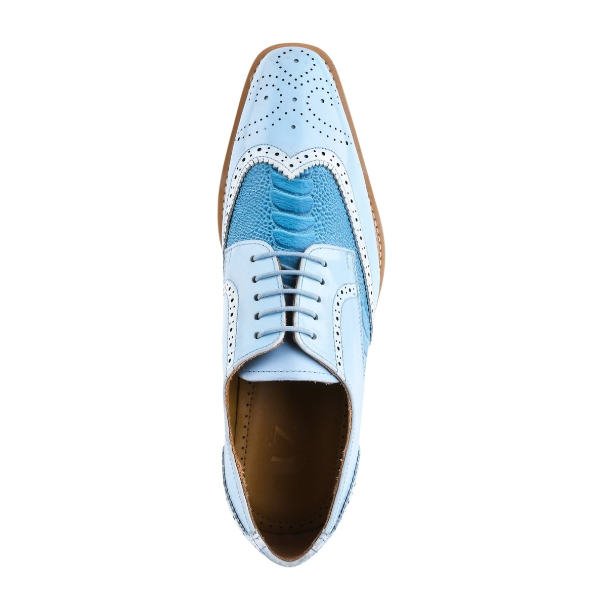 Liberty Zeno Roy men’s leather wingtip shoe in P.Blue (light blue), top view, showing ostrich-leg print