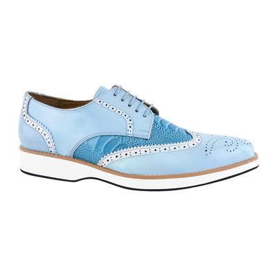 Liberty Zeno Roy men’s leather wingtip shoe in P.Blue (light blue), side profile, showing ostrich-leg print