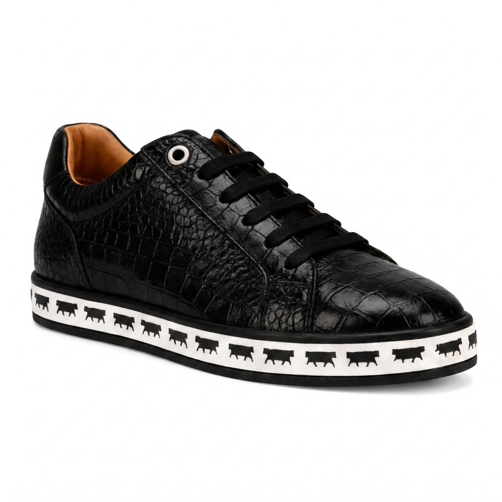 Johnny Famous Bally Style Animal Print Men's Onyx Black Gator Embossed Leather Low Top Sneakers