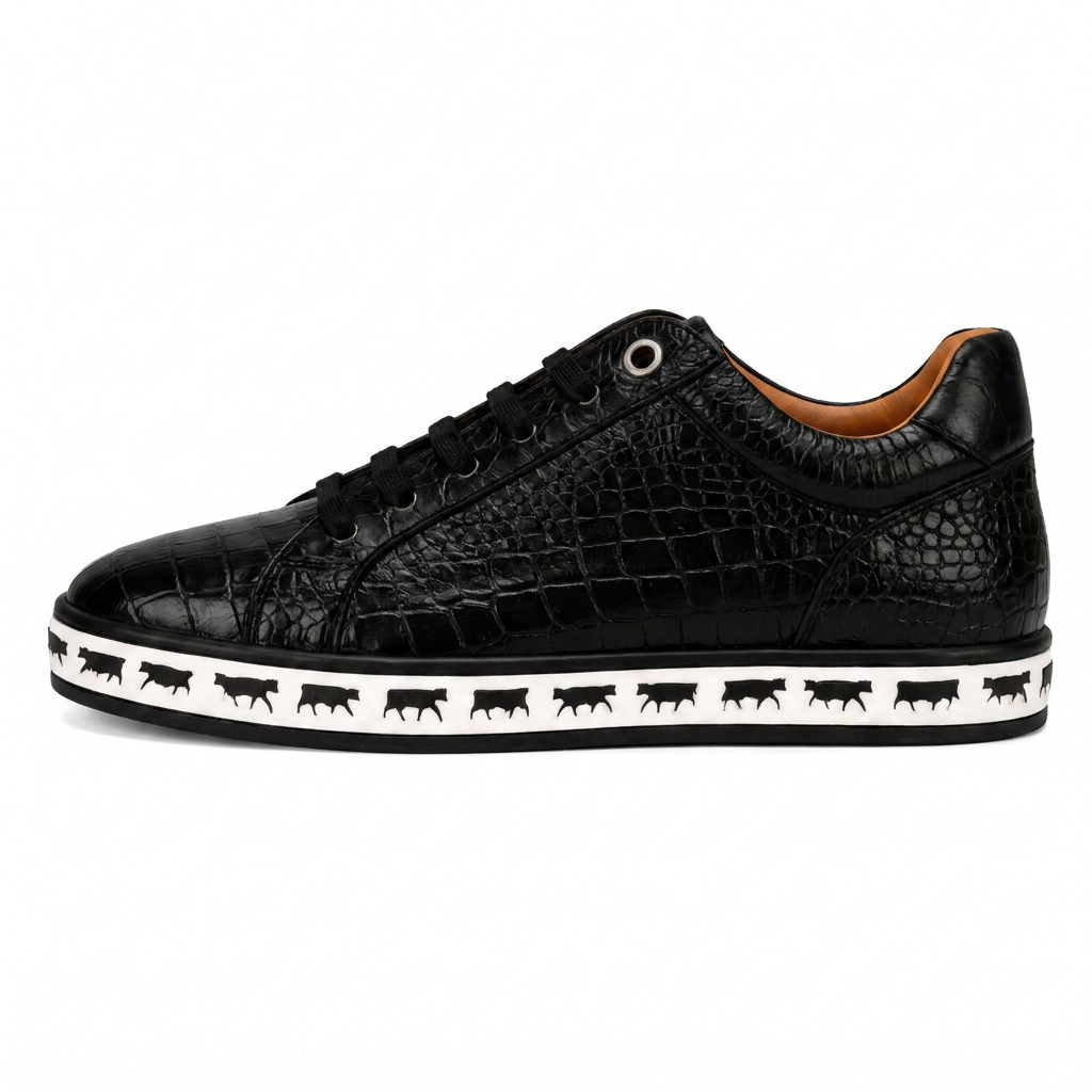 Johnny Famous Bally Style Animal Print Men's Onyx Black Gator Embossed Leather Low Top Sneakers