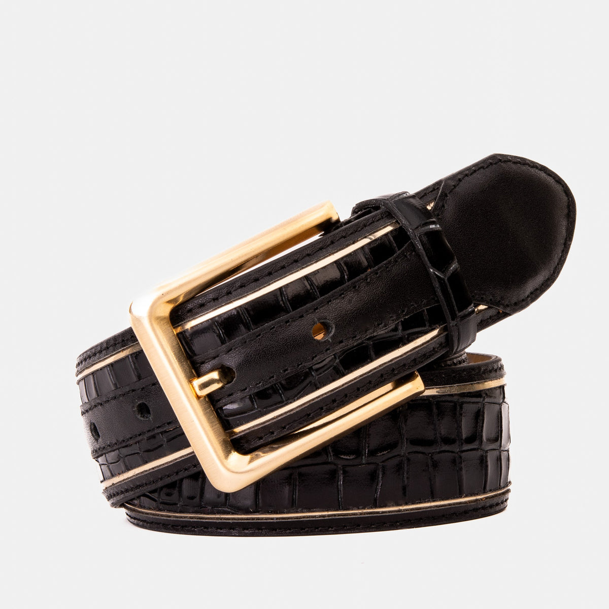 Vinci Leather The Bellagio Black & Gold Leather Belt – product view 1